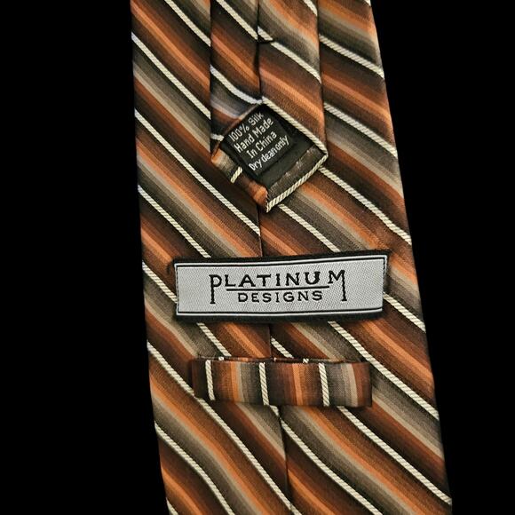 Platinum Designs Silk Tie Brown Gold Tan Diagonal Stripe Pattern Classic Necktie - Picture 2 of 2